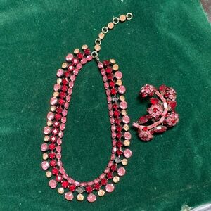 VINTAGE Elegant Red and Pink Necklace and Brooch Set (read description)